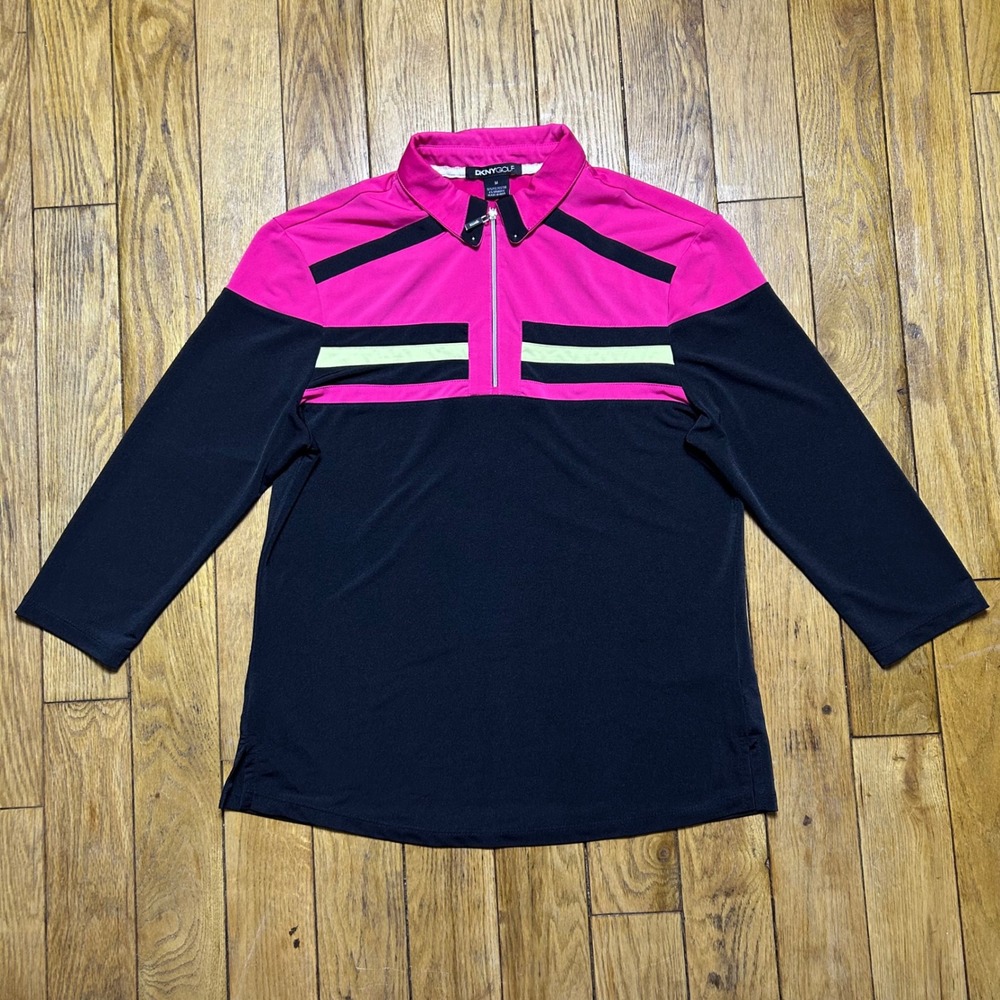 DKNY GOLF Womens Pink Black Colorblock Quarter Zip 3/4 Sleeve Polo Top Size M